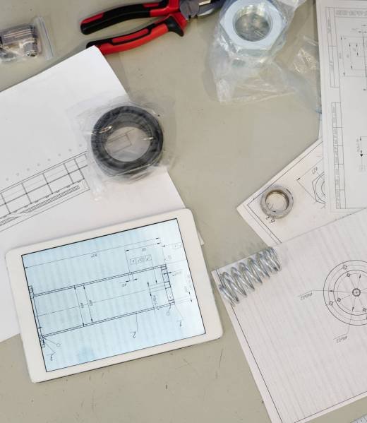 From above view flat lay shot of technical drawings, tools and digital tablet on table